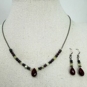Red Gemstone Beaded Necklace Earrings Set Sterling Silver Pearls